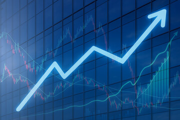 Stock Market Growth Concept with Rising Graphs and Financial Data on Glass Building Background