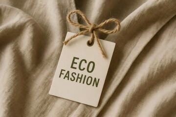 Eco fashion tag made of recycled paper with string laying on sustainable organic linen fabric promoting sustainable fashion and eco friendly lifestyle