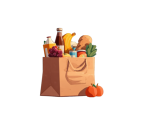 A brown paper grocery bag overflowing with various food items.  Fruits, vegetables, dairy, and canned goods are depicted.  A cartoon style, suggesting a playful approach to groceries