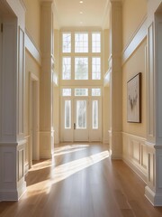 Elegant Sunlit Hallway with Hardwood Flooring and Large Windows
