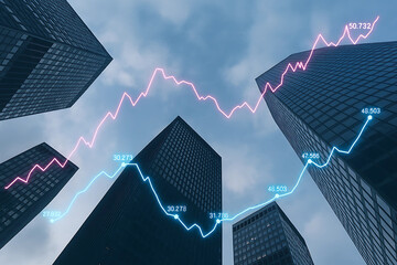 Financial Growth and Market Trends: Skyscrapers with Overlayed Stock Graphs