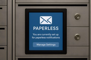 Modern mailbox with digital screen showing paperless notification settings, promoting eco friendly communication