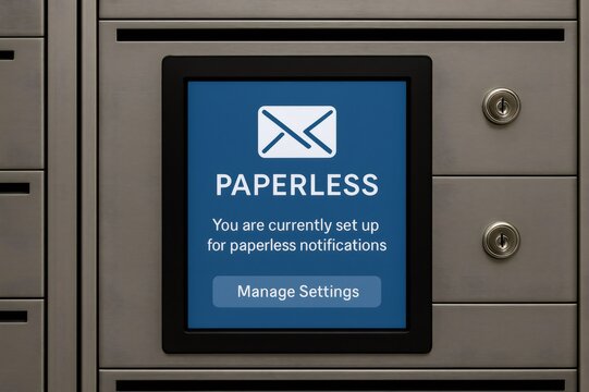 Modern mailbox with digital screen showing paperless notification settings, promoting eco friendly communication