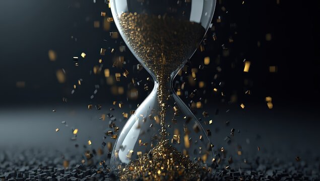 Golden Hourglass With Flowing Sand On Black Background