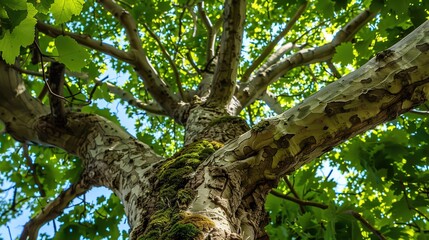 Fototapeta premium Majestic Sycamore Trees: Iconic Species with Large, Lobed Leaves, Smooth White Bark, and Spreading Canopies, Thriving in Urban Parks, Woodlands, and Riverbanks, Capturing Natural Beauty for Botanical 