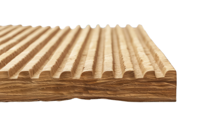 Close-up of a wood panel with deeply grooved, parallel lines.  The light tan wood grain is visible