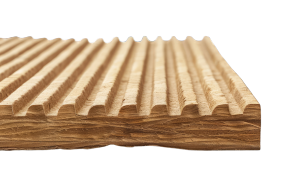 Close-up of a wood panel with deeply grooved, parallel lines.  The light tan wood grain is visible