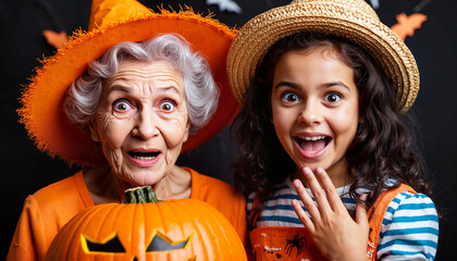 A senior Caucasian woman and a young Hispanic girl celebrate Halloween. They wear festive costumes and hats, with a carved pumpkin in front of them. Both show excitement.