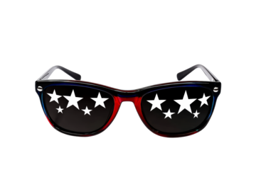 Stylish sunglasses with white star reflections on transparent background