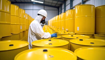 A worker in a protective hazmat suit and respirator inspecting yellow barrels of hazardous waste in a storage facility.