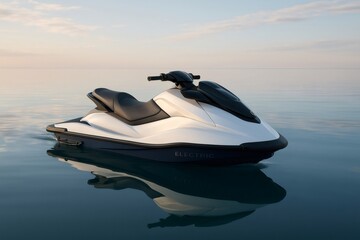 Modern electric jet ski floating on calm water at sunset, offering a serene and eco friendly watersport experience