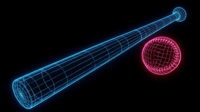 Neon Wireframe Baseball Bat and Ball - A 3D video of a baseball bat and ball, depicted as neon wireframe models against a black background.