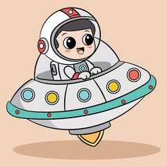 Cute astronaut riding ufo spaceship cartoon vector illustration