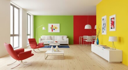 Colorful interior with modern furniture, bright walls, and wooden floor