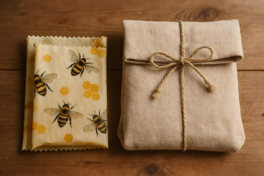 Reusable beeswax food wraps with bee print and a canvas pouch tied with twine sit on a wooden table, promoting sustainable food storage