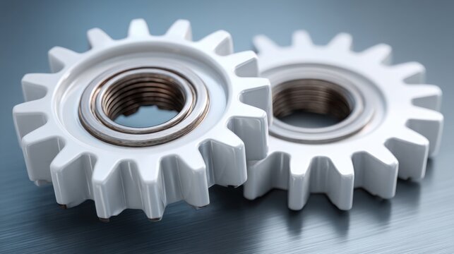 Two white gears on a blue background representing simplification of architecture and reduction of system complexity visually