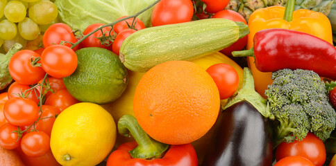 Collection fruits and vegetables background.