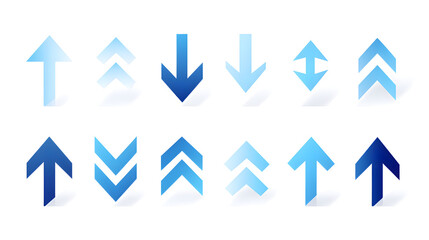 Collection of blue arrows pointing up down and sideways various styles