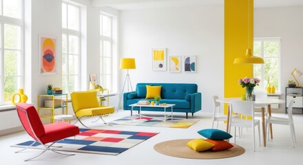 Bright colorful living room with blue sofa, yellow accents, and modern furniture