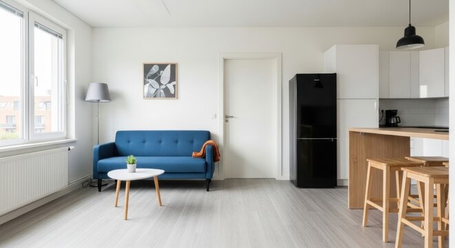 Modern apartment interior with blue sofa, black refrigerator, and wooden stools
