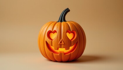 A carved orange pumpkin with a smiling face and glowing heart shaped eyes