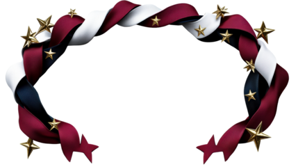Crimson, white, and navy ribbons intertwined with golden stars form a festive border
