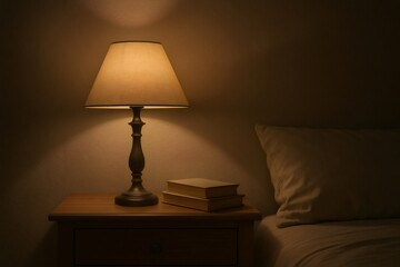 Two books resting on a wooden nightstand, softly illuminated by warm lamp light, create a cozy and peaceful atmosphere in a tranquil bedroom