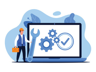 A technician with a wrench provides support for a laptop with gears and a successful checkmark icon.