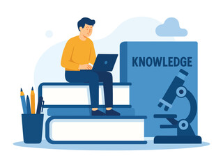 A male student sits on a pile of books using a laptop for online learning, with a microscope and a large book titled 'Knowledge' nearby.