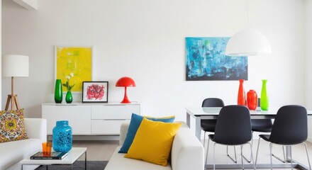 Bright modern living room with colorful accents, paintings, and furniture