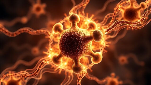 Surreal molecular structure with coffee-hued energy waves activating cells, depicting anti-aging research.