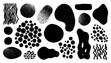 Fototapeta premium Abstract shapes, various sizes and forms, in dark background, with speckled, colored details