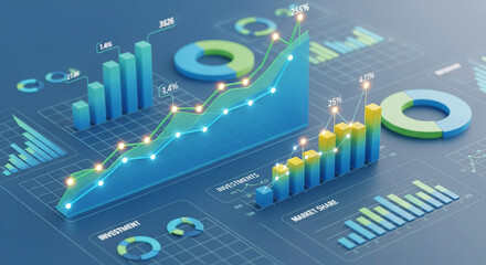 3D Financial Data Visualization Showing Growth and Analysis
