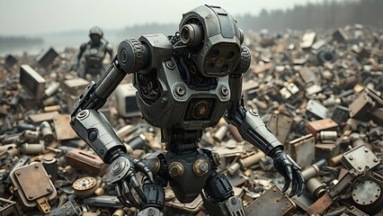 Fototapeta premium Biomechanical robot disassembling and absorbing parts from identical broken units in a post-apocalyptic scrapyard.