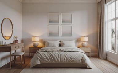 A bright bedroom with a bed, lamps, artwork, a vanity, and a large window with light curtains