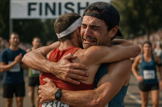 Two exhausted marathon runners are embracing and crying at the finish line, celebrating their achievement and shared experience