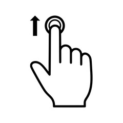 A modern user interface icon depicting a hand performing a swipe up gesture on a touchscreen. Ideal for mobile app tutorials and digital instruction.