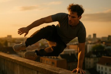 Athletic man practicing parkour, leaping across rooftops in urban environment at sunset, showcasing agility and strength
