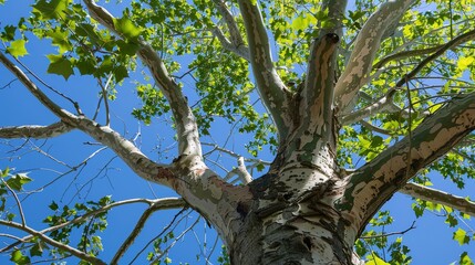 Obraz premium Majestic Sycamore Trees: Iconic Species with Large, Lobed Leaves, Smooth White Bark, and Spreading Canopies, Thriving in Urban Parks, Woodlands, and Riverbanks, Capturing Natural Beauty for Botanical 