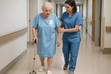Nurse providing careful assistance to elderly female patient using a cane while walking through a hospital corridor, ensuring safe movement