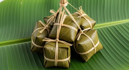 A bundle of sticky rice cakes wrapped in banana leaves tied with string