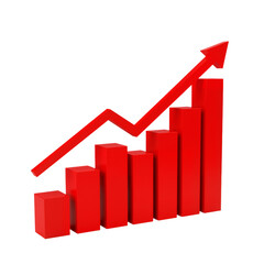 Red 3D bar graph with an upward trending arrow symbolizing business growth, success, and financial progress.