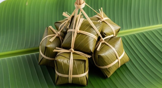 A bundle of sticky rice cakes wrapped in banana leaves tied with string