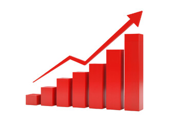 Upward trending red arrow over a growing bar chart symbolizing financial progress, success, and achievement