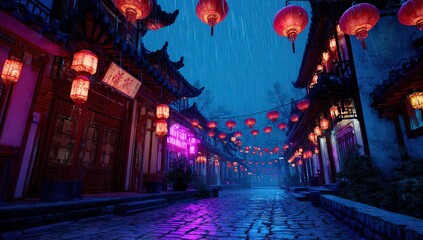 Rainy Night Street Scene With Pixelated Lanterns