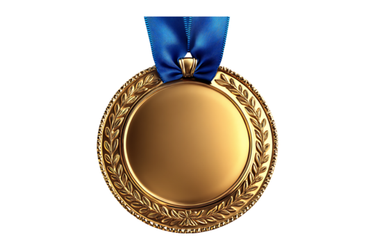 Golden medal with blue ribbon isolated on transparent background.