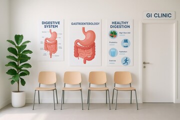 Empty waiting room in a gastroenterology clinic with anatomical posters showing the digestive system and tips for healthy digestion