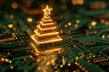 Glowing golden christmas tree illuminates a futuristic green circuit board with bokeh lights
