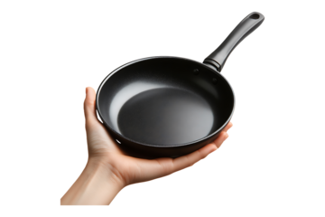 Hand hold a frying pan isolated on transparent background