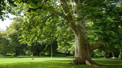 Majestic Sycamore Trees: Iconic Species with Large, Lobed Leaves, Smooth White Bark, and Spreading Canopies, Thriving in Urban Parks, Woodlands, and Riverbanks, Capturing Natural Beauty for Botanical